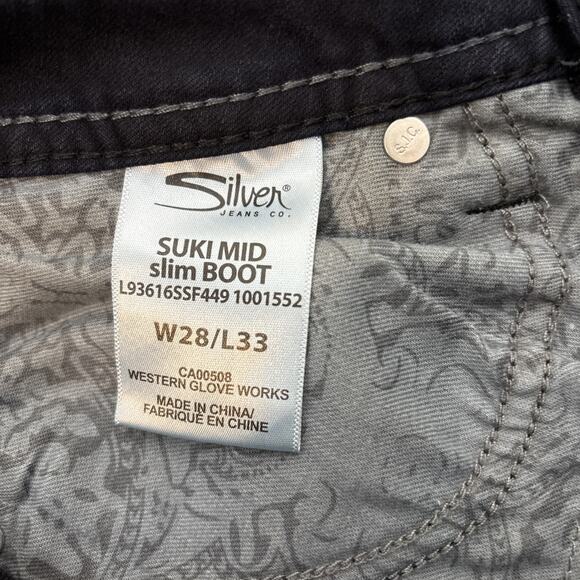 Silver Suki Mid Slim Boot Jeans Stretch 28 L33 Embellished Pockets Western Denim - Picture 10 of 13
